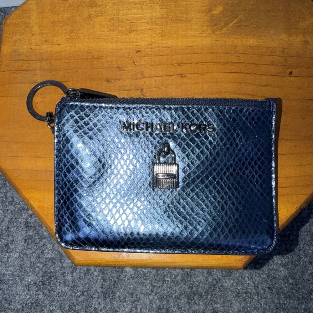 Michael Kors Python Embossed Zip Card Case Coin Pouch Key Ring Blue Snake Print